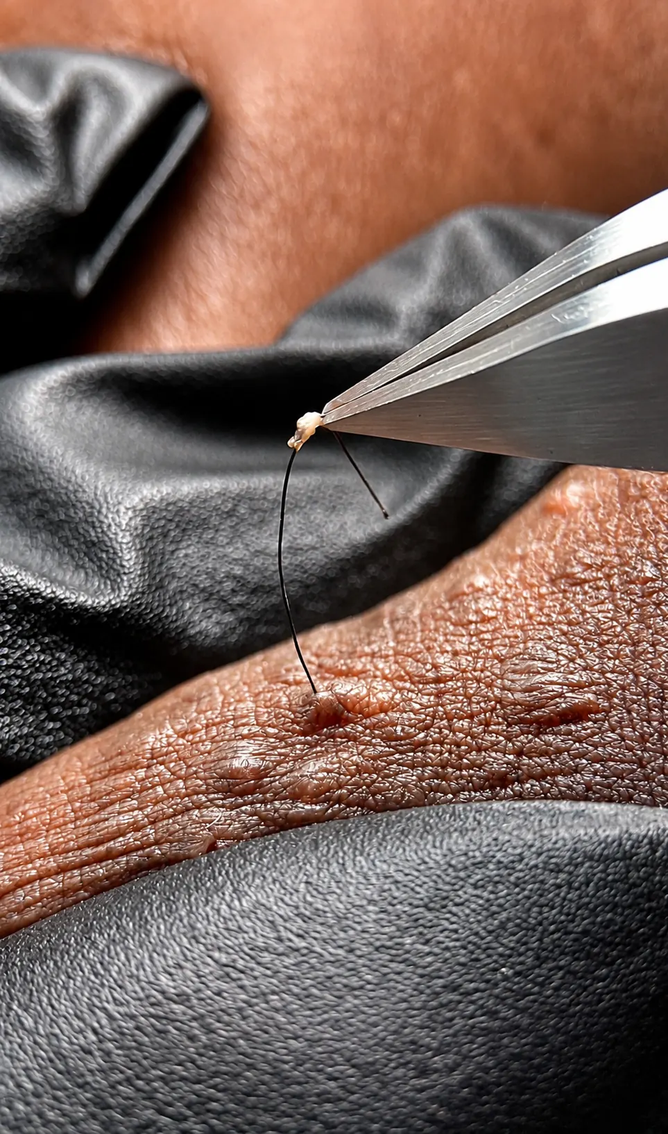 Fine tweezers removing an ingrown hair from the skin